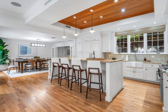 kitchen with pendant lighting, a raised ceiling, sink, white cabinets, and a kitchen island with sink