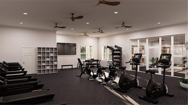 gym with ceiling fan, baseboards, crown molding, and recessed lighting