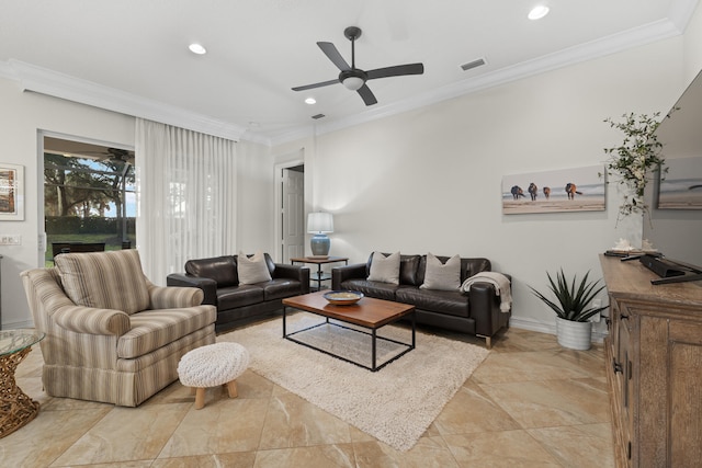 living room with crown molding and ceiling fan