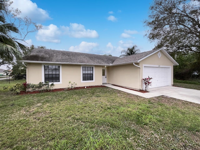 ranch-style home with a garage and a front yard