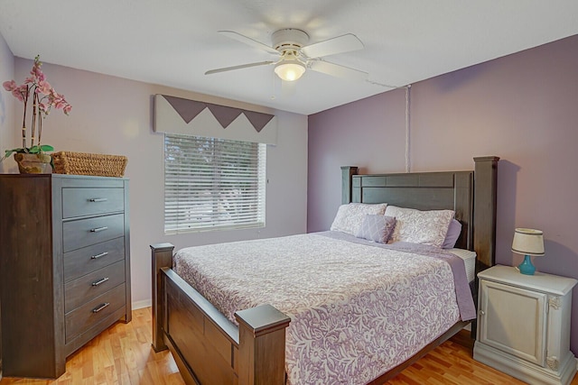 bedroom with ceiling fan and light wood-type flooring