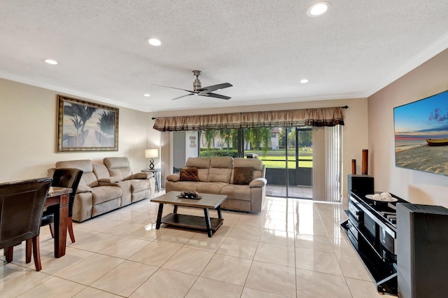 living room with crown molding, a textured ceiling, and light tile patterned flooring