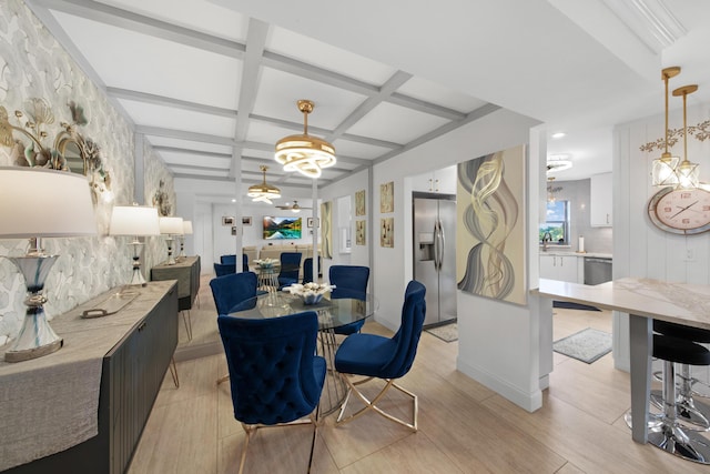 dining room with light hardwood / wood-style floors, sink, beamed ceiling, and coffered ceiling