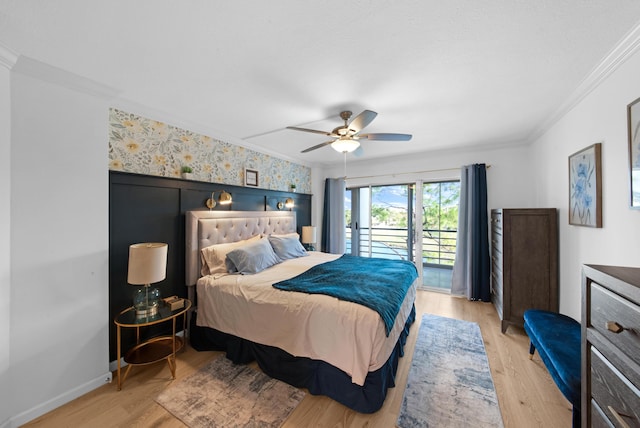 bedroom with ceiling fan, access to exterior, ornamental molding, and light hardwood / wood-style floors