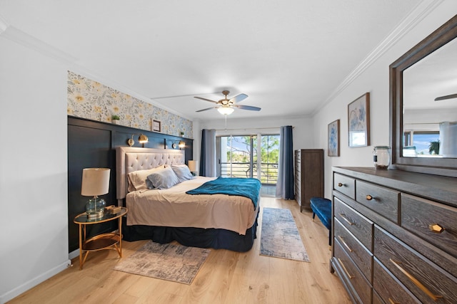 bedroom with ceiling fan, light hardwood / wood-style flooring, crown molding, and access to outside