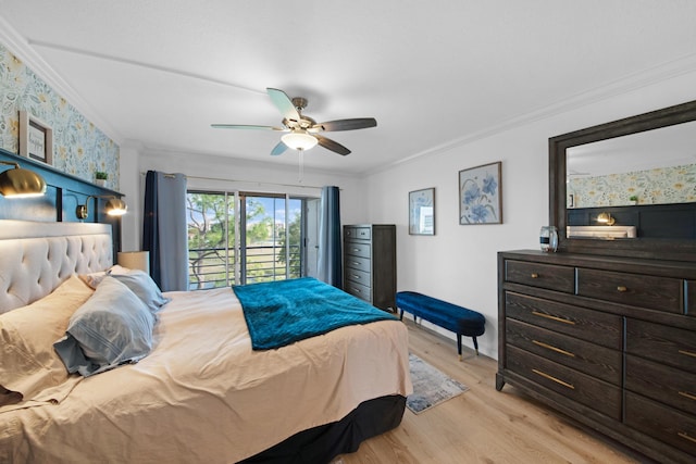 bedroom with ornamental molding, light wood-type flooring, ceiling fan, and access to outside