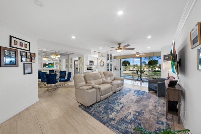 living room featuring ceiling fan and ornamental molding