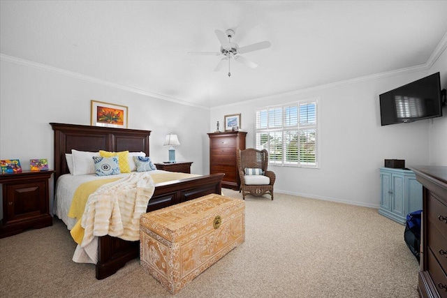 bedroom with light carpet, ceiling fan, and ornamental molding