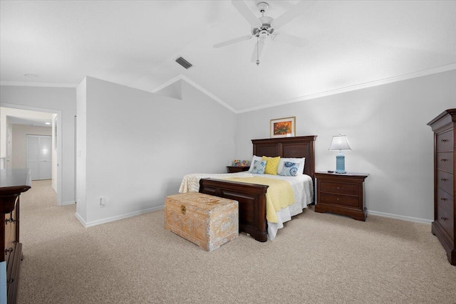 bedroom featuring light carpet, ceiling fan, ornamental molding, and lofted ceiling