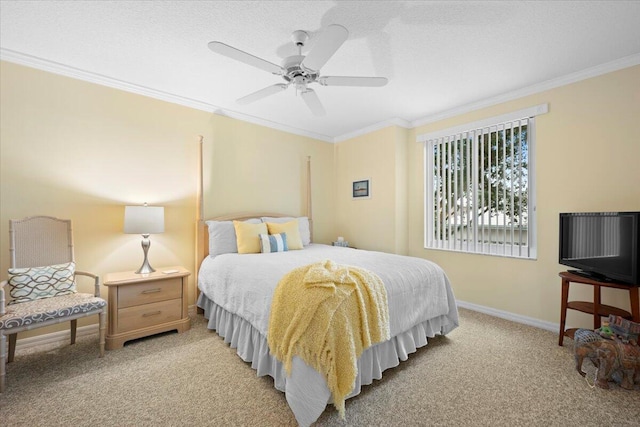 bedroom featuring ceiling fan, ornamental molding, light carpet, and a textured ceiling