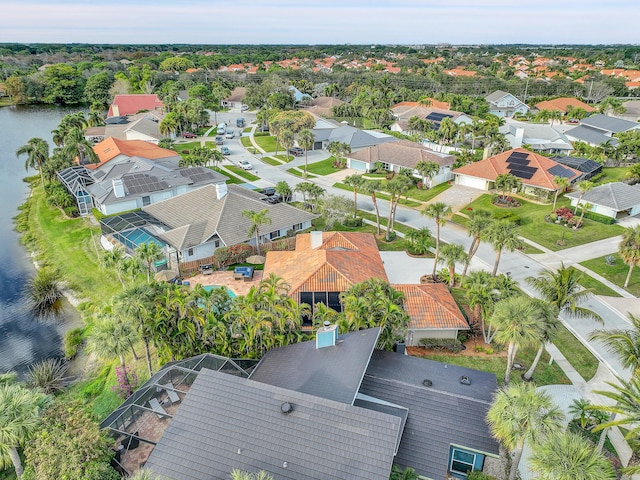 drone / aerial view featuring a water view