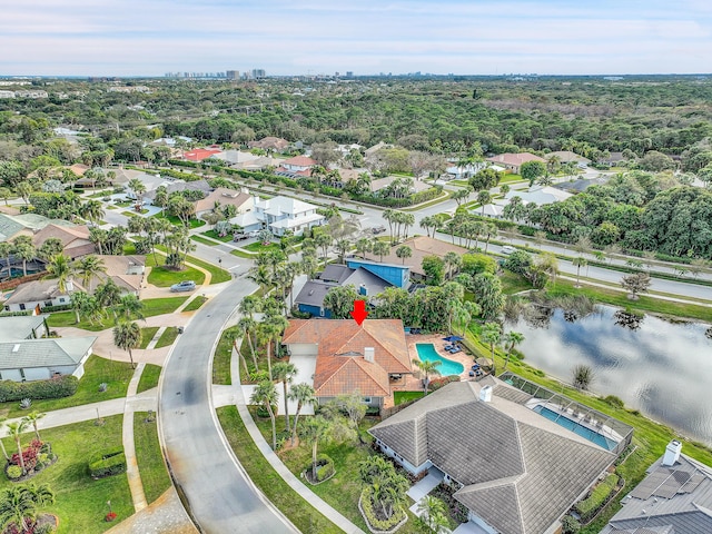 bird's eye view with a water view