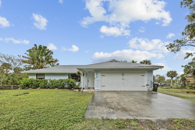 single story home with a front yard and a garage