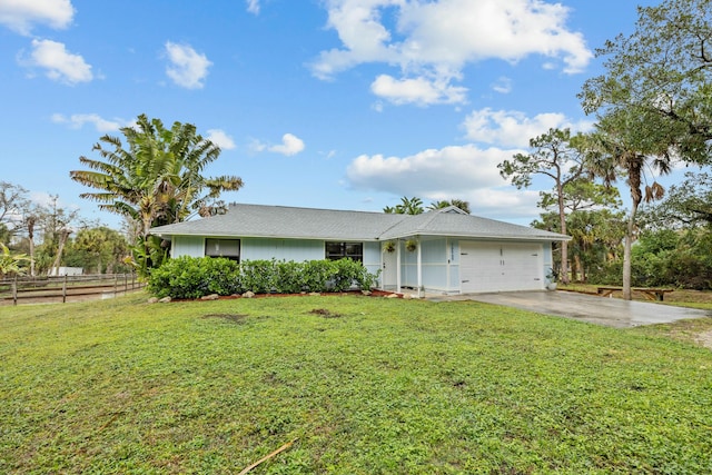 single story home with a garage and a front yard