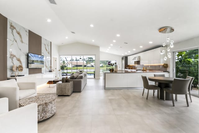 living room featuring vaulted ceiling