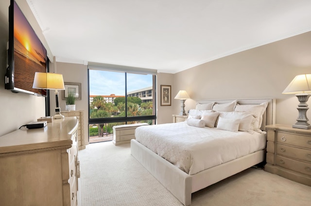 bedroom featuring light colored carpet and expansive windows