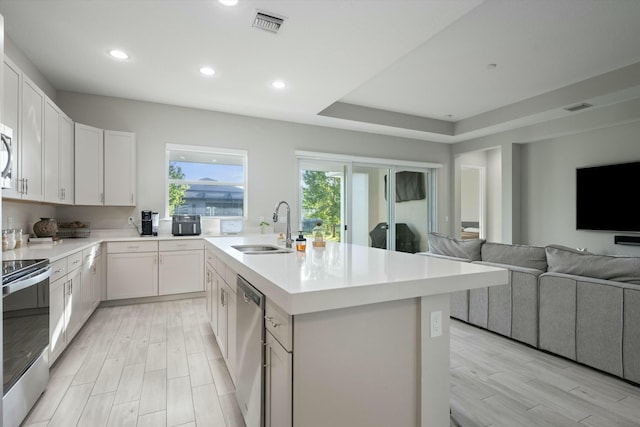 kitchen featuring a raised ceiling, sink, white cabinetry, a kitchen island with sink, and stainless steel appliances