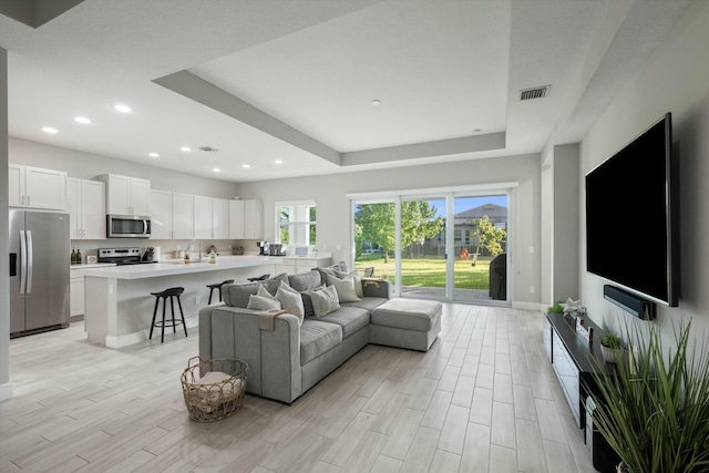 living room featuring sink and a tray ceiling