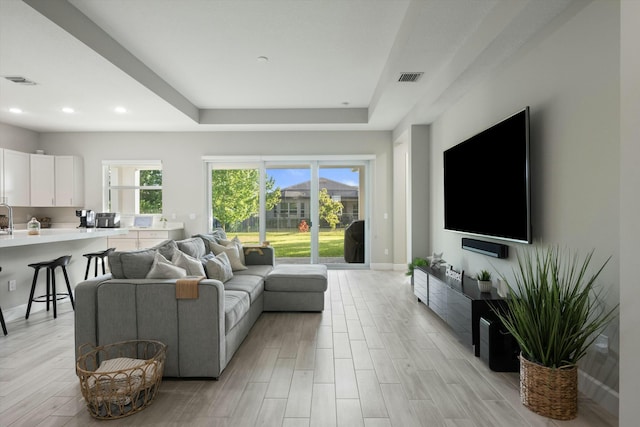 living room with sink and a tray ceiling