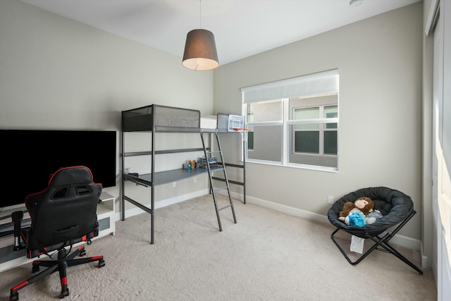 bedroom with light carpet