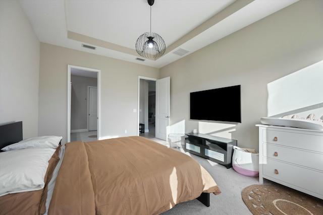 carpeted bedroom featuring a raised ceiling