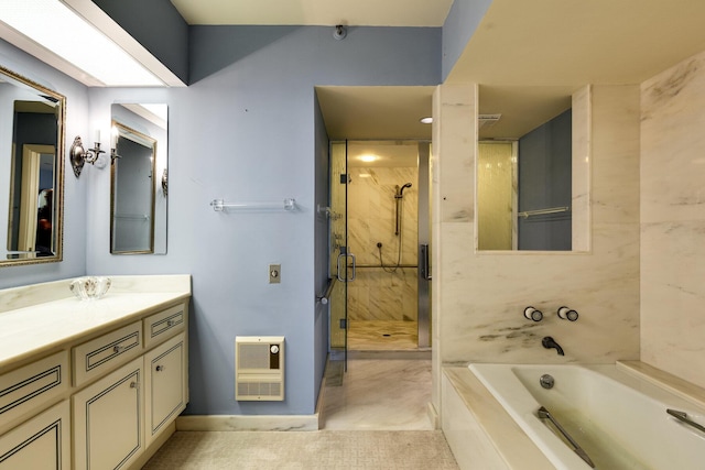 bathroom with vanity, plus walk in shower, and heating unit