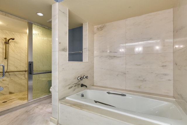 bathroom with independent shower and bath and tile walls