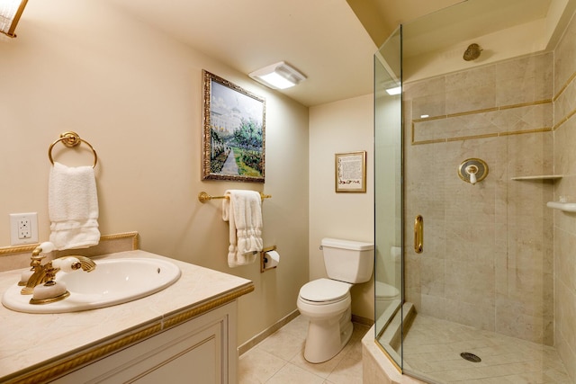 bathroom with tile patterned floors, toilet, a shower with door, and vanity