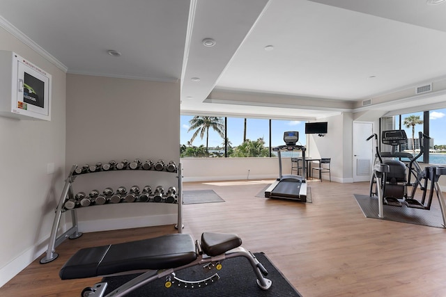 exercise room featuring ornamental molding and light wood-type flooring