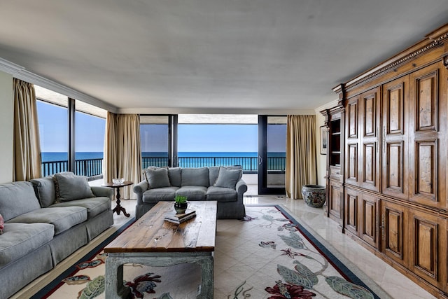 living room featuring crown molding, floor to ceiling windows, a healthy amount of sunlight, and a water view