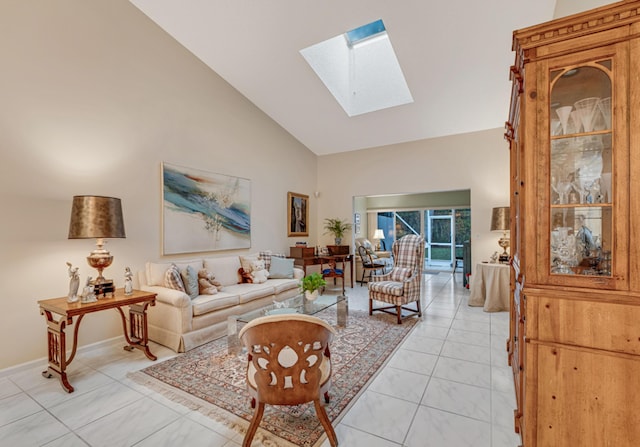 living room featuring high vaulted ceiling and a skylight