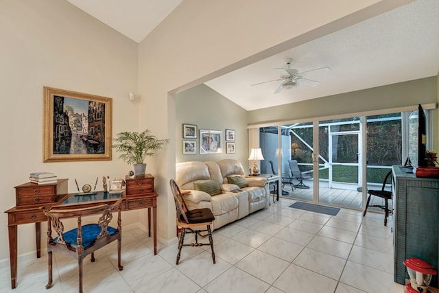 tiled living room with ceiling fan and lofted ceiling