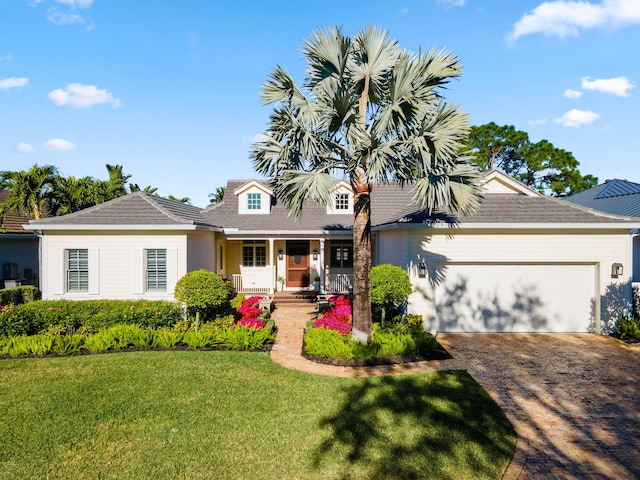 view of front of house with a porch, a garage, and a front lawn