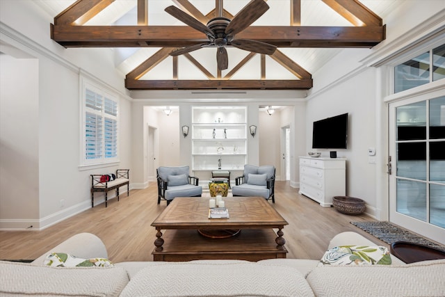 living room with built in features, lofted ceiling with beams, light hardwood / wood-style floors, and ceiling fan