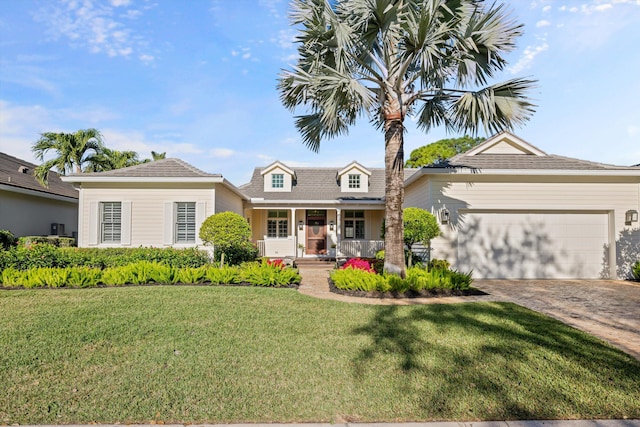 view of front of home with a porch, a garage, and a front yard