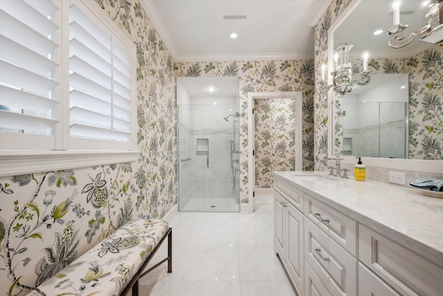 bathroom with an enclosed shower, vanity, and ornamental molding