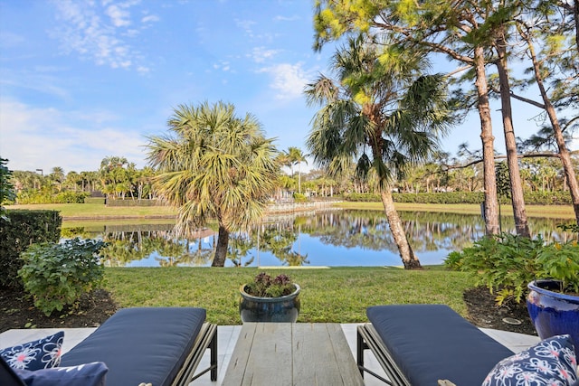 view of patio / terrace with a water view