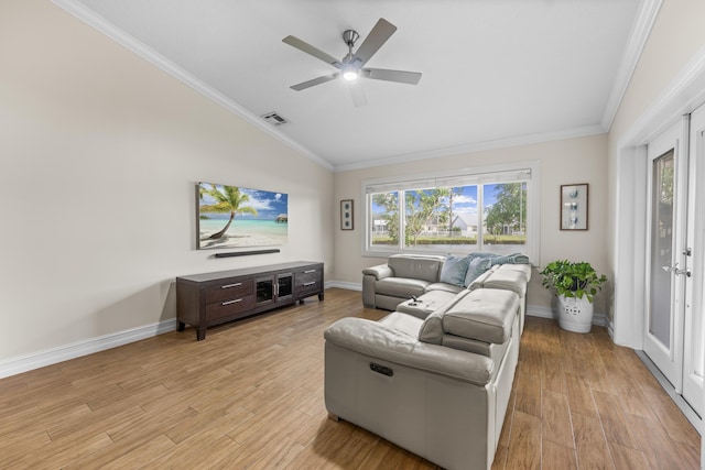 living room featuring vaulted ceiling, ornamental molding, and ceiling fan