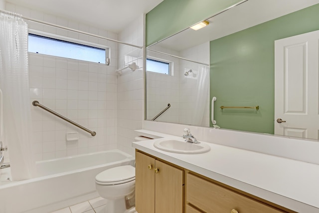 full bathroom with shower / bath combination with curtain, tile patterned floors, vanity, and toilet