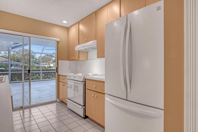 kitchen with light tile patterned floors, white appliances, backsplash, and light brown cabinets