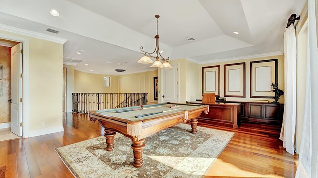 recreation room with light wood finished floors, visible vents, ornamental molding, and pool table