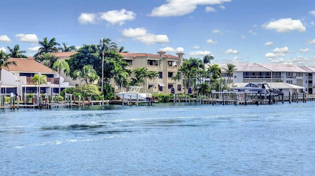 water view featuring a residential view and a boat dock