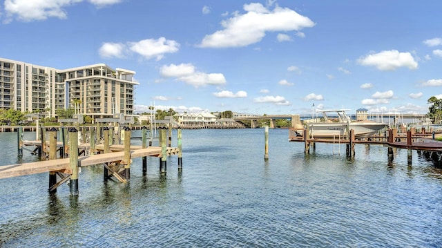 view of dock with a water view and boat lift