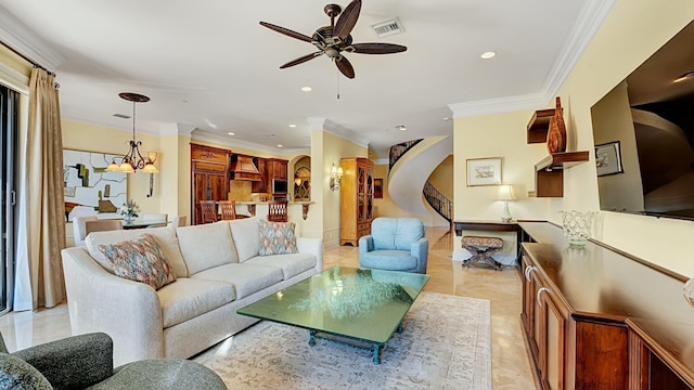 living room with ceiling fan with notable chandelier, ornamental molding, visible vents, and recessed lighting