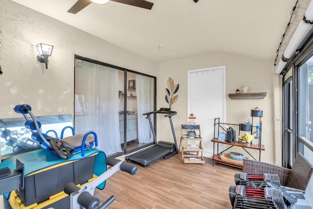 workout room with ceiling fan