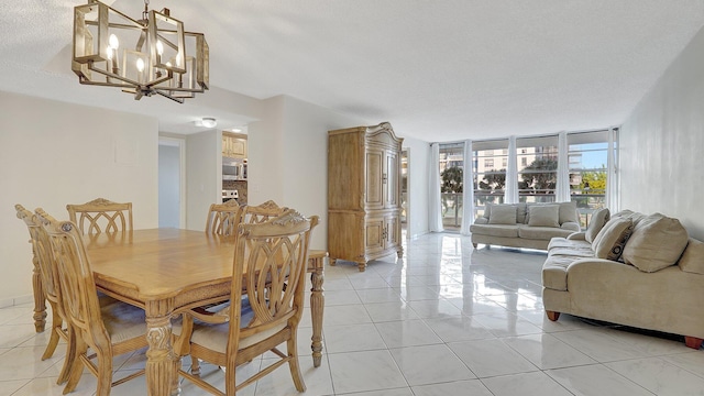 dining space with floor to ceiling windows, light tile patterned flooring, and an inviting chandelier