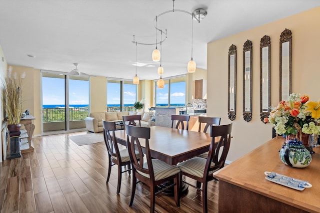 dining room featuring expansive windows, ceiling fan, and sink