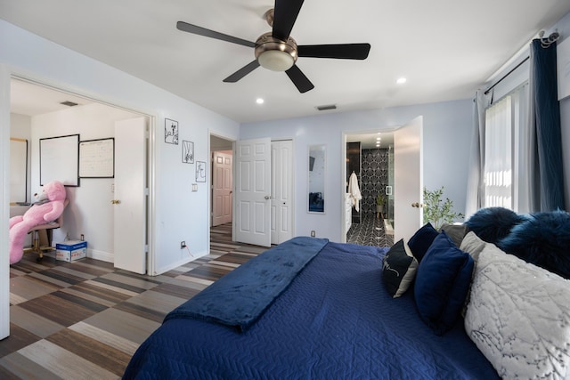 carpeted bedroom featuring ceiling fan