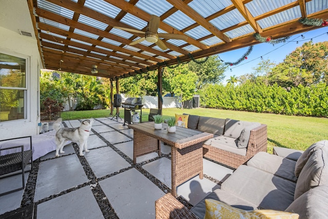 view of patio / terrace with ceiling fan, an outdoor living space, grilling area, and a pergola