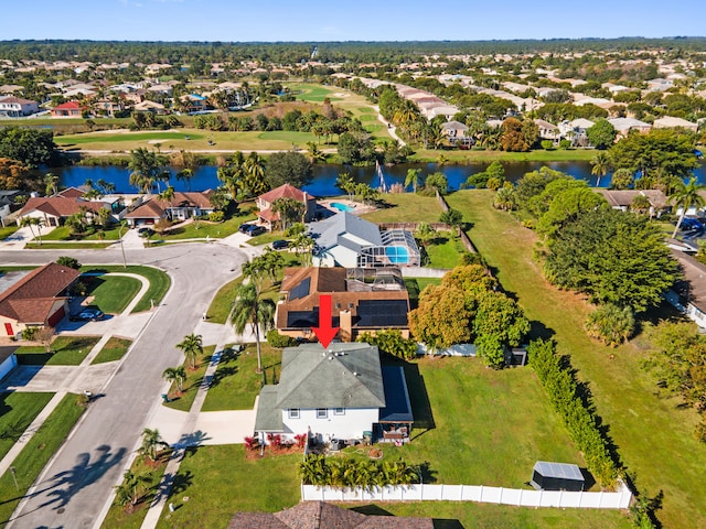 drone / aerial view featuring a water view